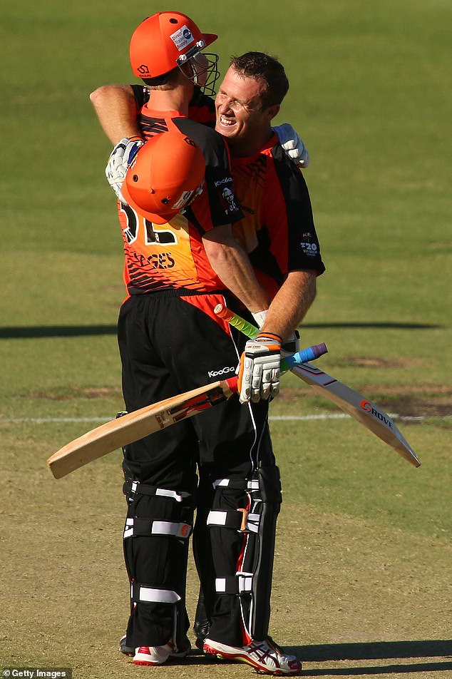 The West Aussie opener (pictured celebrating with Adam Voges), who was selected for grade cricket at 31, made his century for the Perth Scorchers in the 2013-14 BBL season against the Adelaide Strikers.