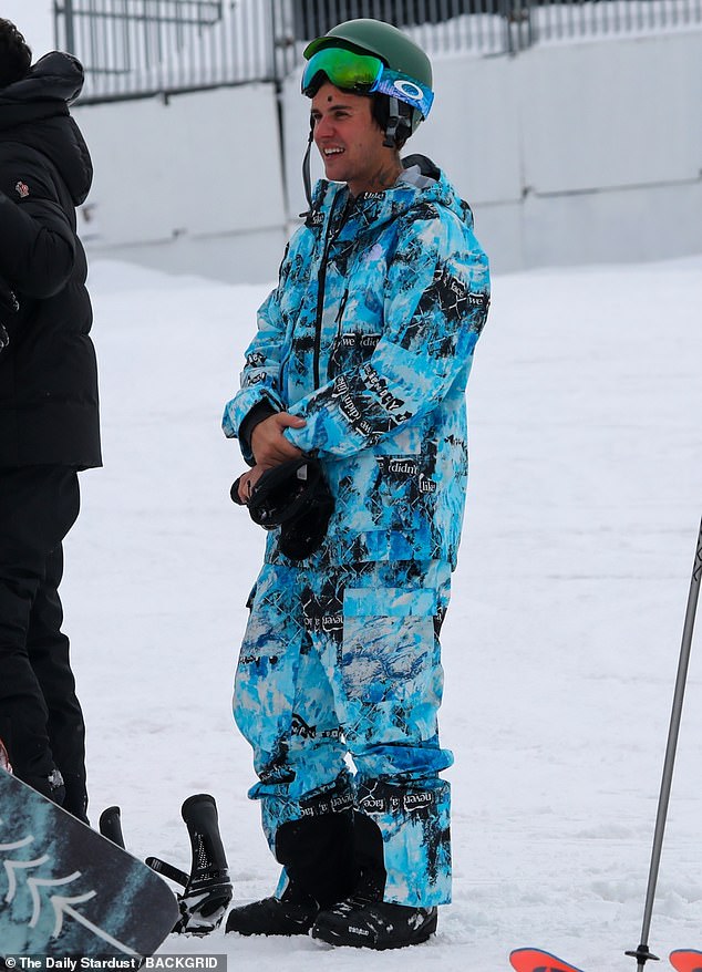 Electric Blue: Justin Bieber went for a neon shade of light blue when it came to his spectacular snowsuit.