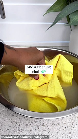 She recommends filling a large bowl with two dishwashing tablets, mixing them with hot water and a cleaning cloth of your choice.