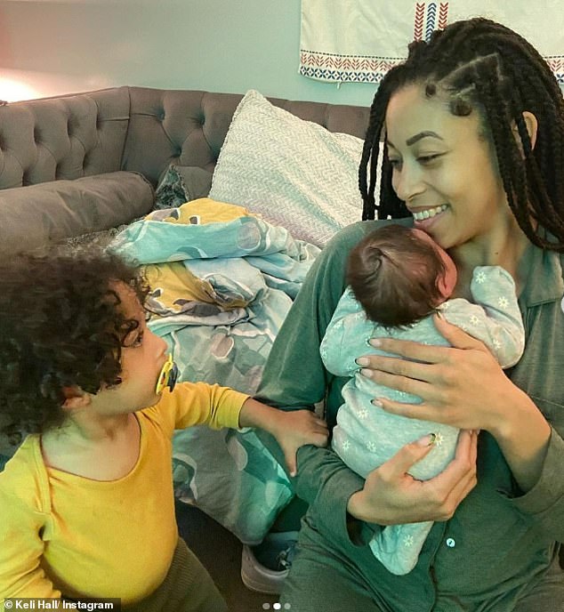 Big brother: Keli uploaded a trio of snaps: one of Myles beaming while taking gas and air during labor and another of her son Shiloh meeting her sister.