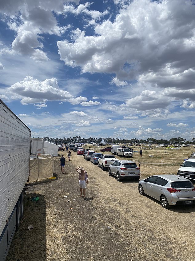 People have been stranded in their cars (pictured) for up to nine hours as they tried to leave the Beyond the Valley festival site