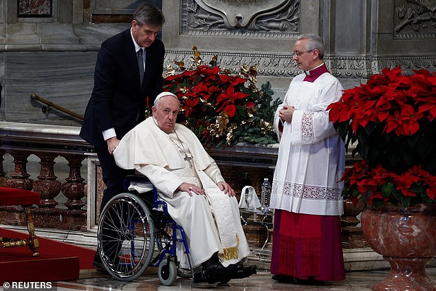 Pope Francis looks on as he attends Mass to mark the World Day of Peace, at St. Peter's Basilica in the Vatican, on January 1, 2023.