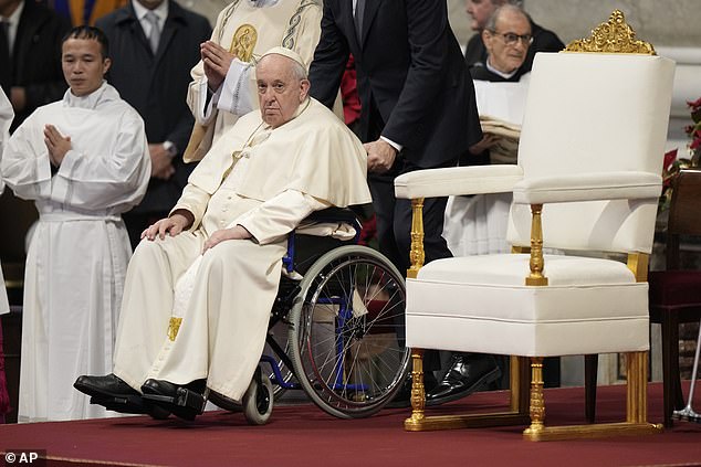 Pope Francis arrives to celebrate a Mass for the solemnity of Saint Mary at the beginning of the new year, at Saint Peter's Basilica in the Vatican, Sunday, January 1, 2023.