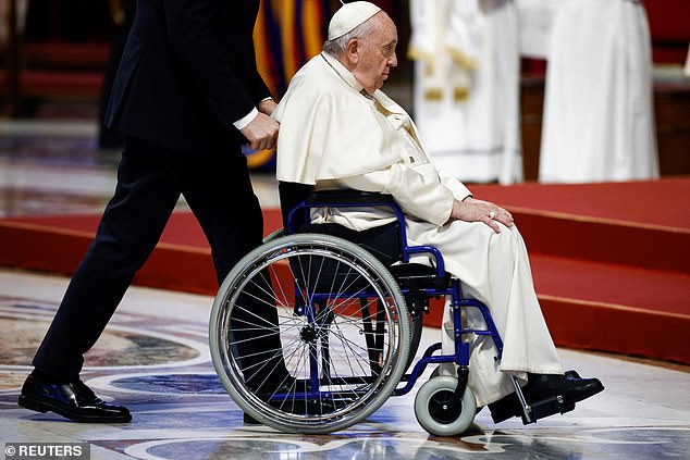 Pope Francis arrives to celebrate Mass on the occasion of the World Day of Peace in Saint Peter's Basilica in the Vatican, on January 1, 2023.