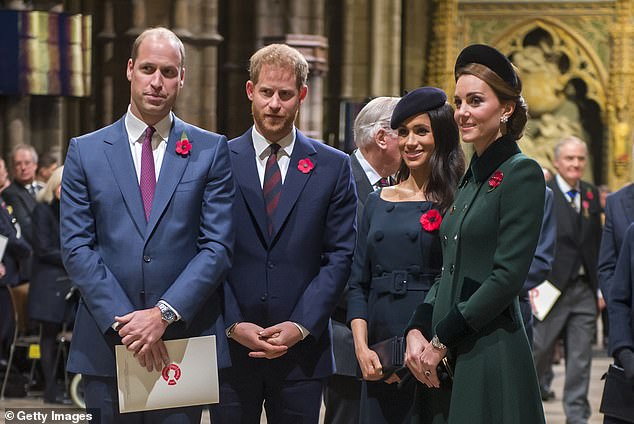 Prince William, later Duke of Cambridge and Catherine, later Duchess of Cambridge, Prince Harry, Duke of Sussex and Meghan, Duchess of Sussex attend a service at Westminster Abbey on November 11, 2018.