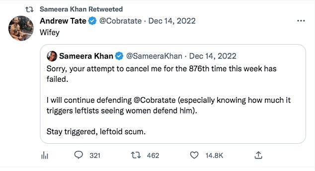 Ms Khan has been a longtime supporter of Tate and regularly uses the hashtag 'FreeTopG' following her arrest.  Tate called Ms Khan 'wife' when she tweeted in support of him on December 14 last year.