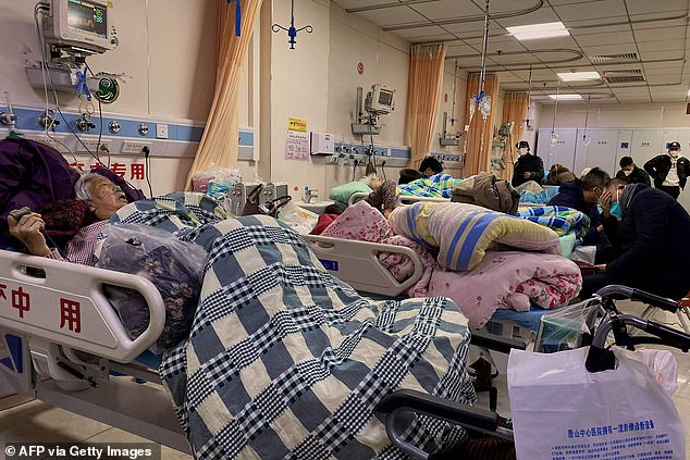 Covid-19 patients lay in beds at the Tangshan Gongren Hospital in the northeast China city of Tangshan on December 30, 2022.