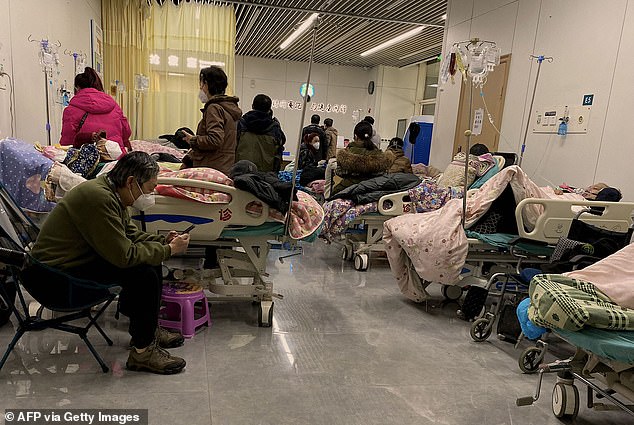 This image shows patients with covid-19 in beds at the Tianjin Nankai Hospital in Tianjin on December 28, 2022.