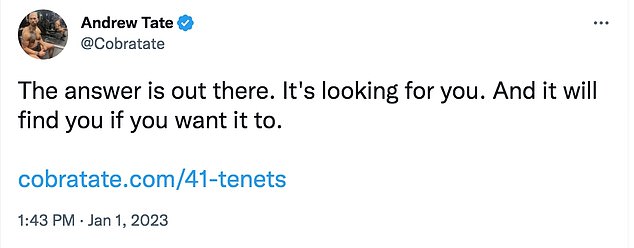 This afternoon, Tate followed up with a series of cryptic tweets telling his followers: 'The answer is out there.  She is looking for you.  And it will find you if you want it to.