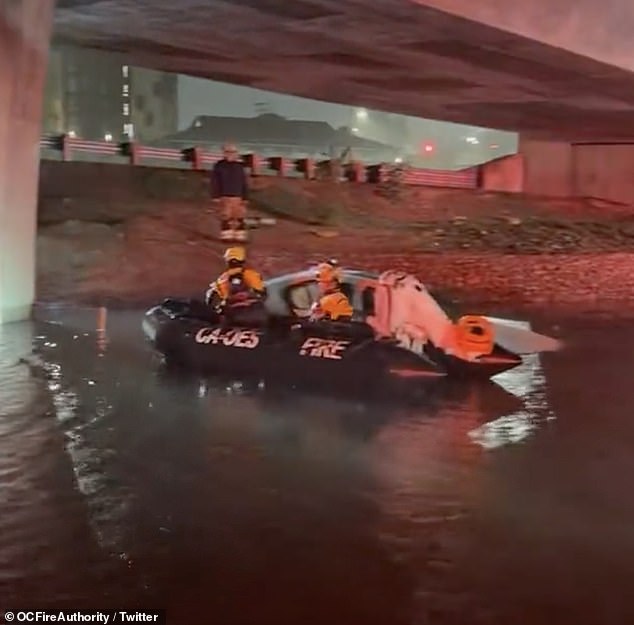 The cars became stuck on an off-ramp onto Highway 55 in Orange County, California.