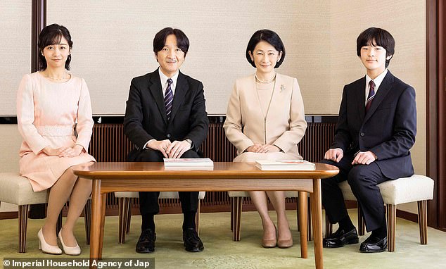 Other family members in the jovial portraits also included the Crown Prince of Japan and the Emperor's younger brother, Prince Akishino, 57, along with his wife and children.