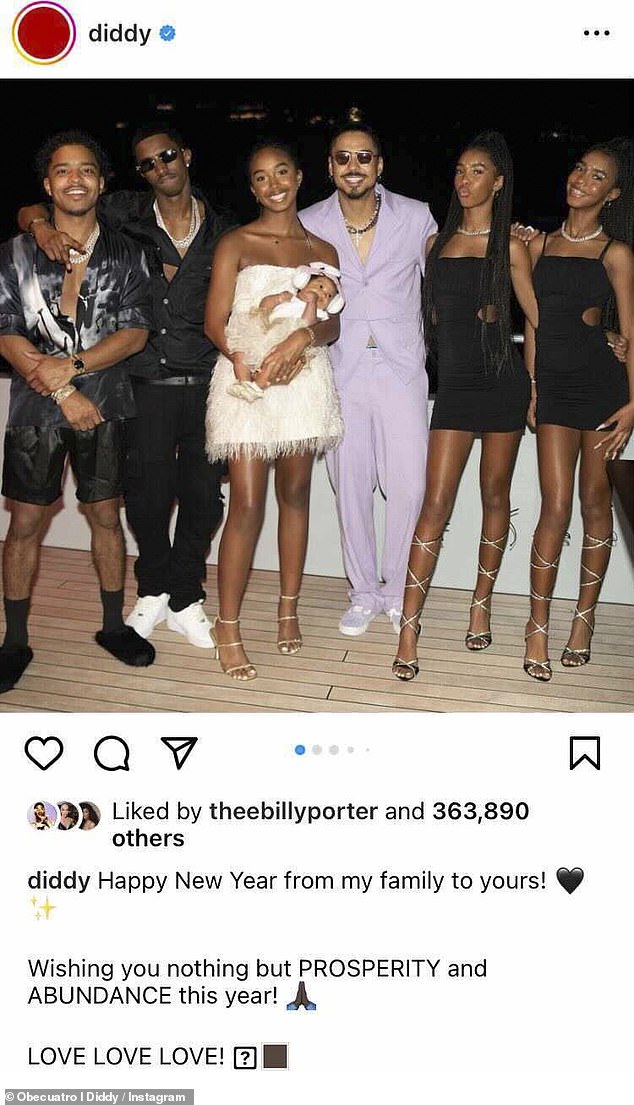 'Happy New Year from my family to yours!'  Diddy also made sure to invite his seven children by three women: (from L-R) son Justin Combs, 29;  son Christian Combs, 24;  daughter Chance Combs, 16;  daughter Love Combs, 2 months;  adopted son Quincy Brown, 31;  and her twin daughters Jessie and D'Lila Combs, 16