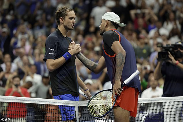 The Russian, who is preparing to play Lorenzo Sonego in Adelaide on Tuesday, admitted that he would love to beat Kyrgios again the next time they meet (the pair are pictured after Kyrgios' US Open victory in 2022)