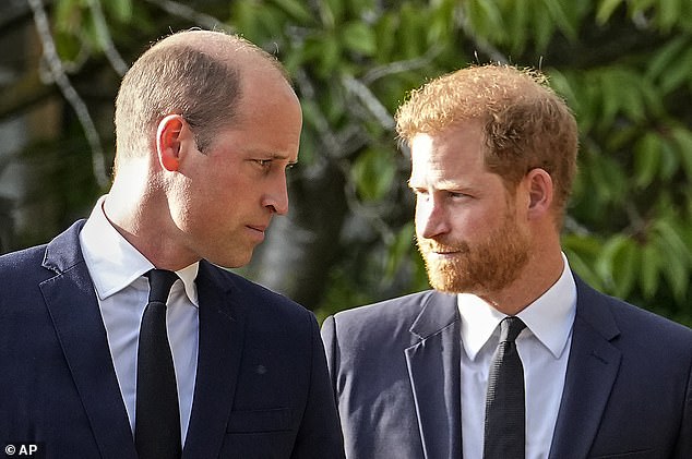 Experts fear that the strained relationship between the brothers will be further damaged by the attacks on Prince William and his wife Kate in the controversial book.  Pictured: Prince William and Prince Harry walk side by side after viewing floral tributes for the late Queen Elizabeth II outside Windsor Castle on September 10.