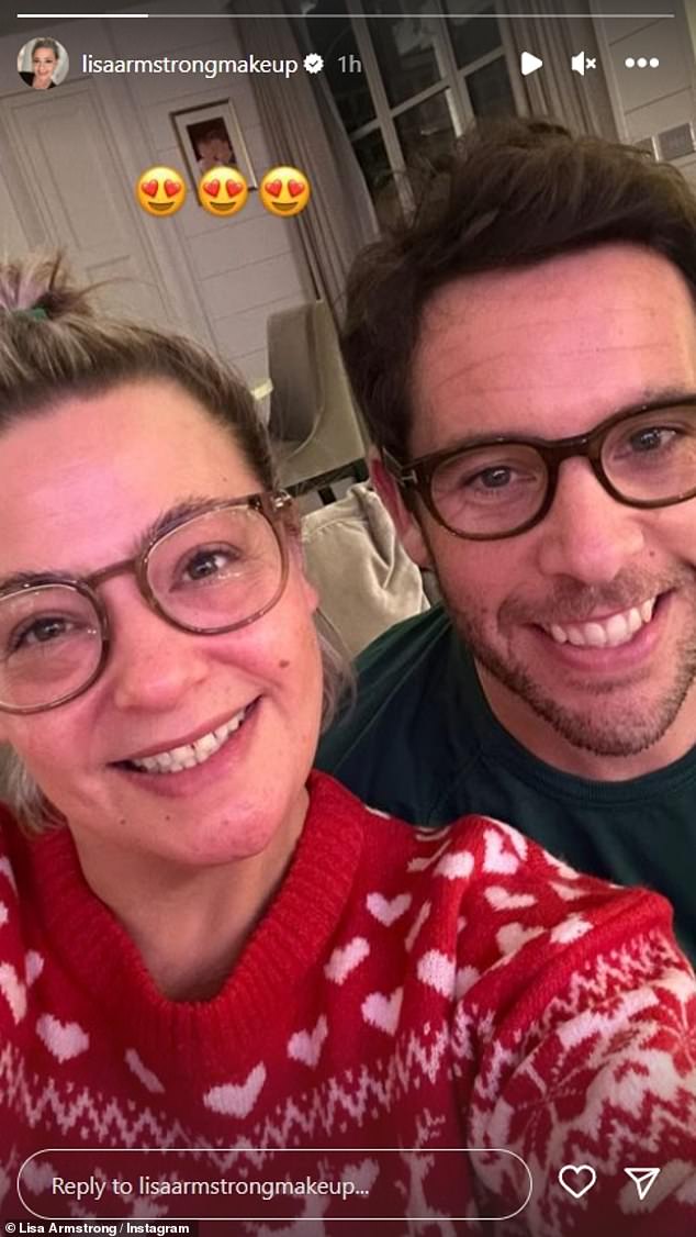 All smiles: The makeup artist, 46, shared another selfie of the couple, but this time as they relaxed at home in reading glasses