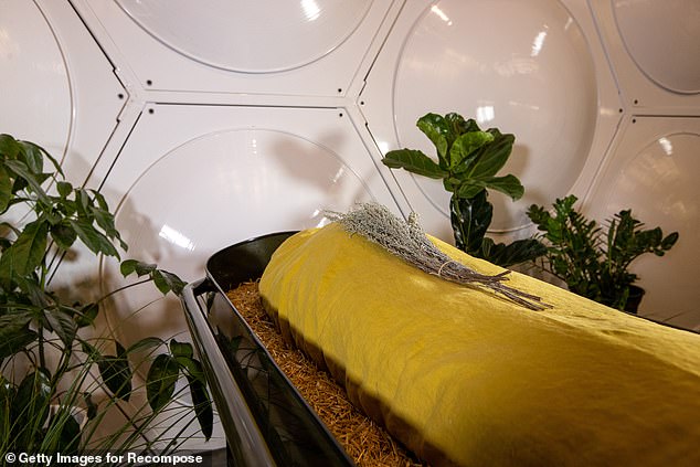 A flower-wrapped mannequin rests near a compost bin that mimics what happens to human corpses before they begin to decompose.