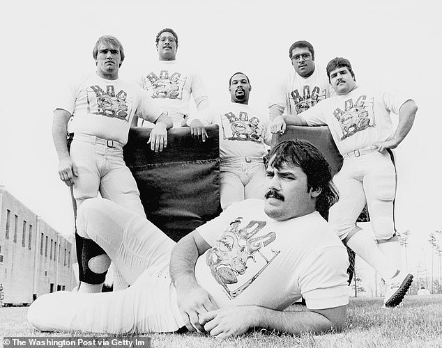 The term 'Hogs' was bestowed on Washington's beefy offensive line in the 1980s and early 1990s, when the team was still known as the 'Redskins.'  Members have included Russ Grimm (front), Joe Jacoby, George Starke, Fred Dean, Mark May, and Jeff Bostic