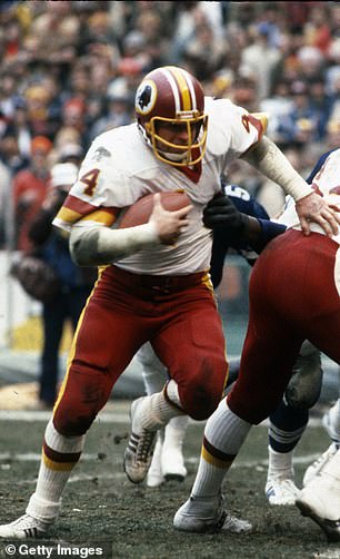 Washington Redskins running back John Riggins #44 carries the ball against the Dallas Cowboys during a circa 1982 NFL football game at RFK Stadium in Landover, Maryland.  Riggins played for the Redskins from 1976 to 1985.