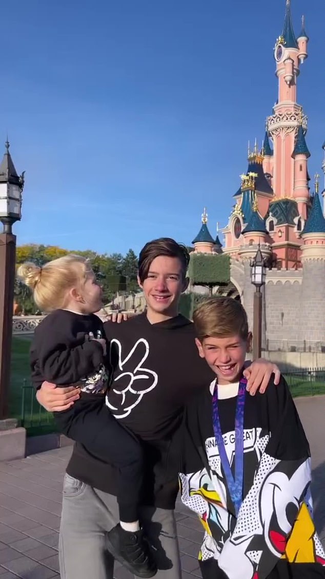 All smiles: Stacey enjoyed getaways with all her children Rose, 14 months, and Rex, three, (left) whom she shares with Joe and their son Leighton, 10, (right) whom she shares with ex-partner Aaron Barham, and the Major Zachery , 14, (center) with Dean Cox.