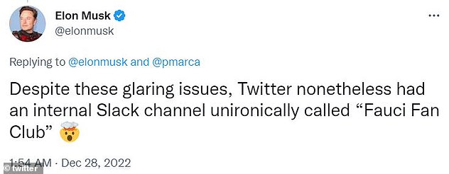 Last week, Musk claimed that several former Twitter employees were part of a Slack channel titled 'Fauci Fan Club', in tribute to the now-retired US infectious disease expert.