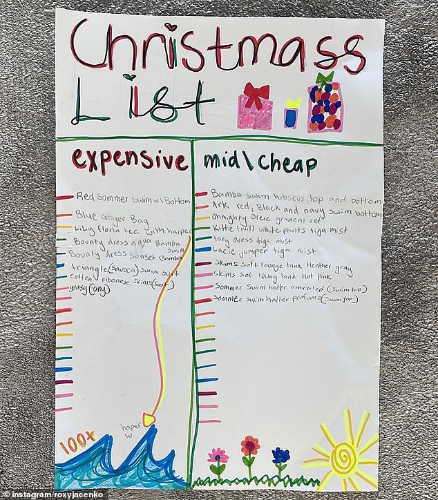 The Christmas list was divided into 'expensive' and 'average/cheap' gifts (pictured)