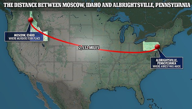 The crime took place six weeks ago, 2,500 miles from where Kohberger was arrested.  His father flew to meet his son in Washington and drove with him back to his home in Pennsylvania.