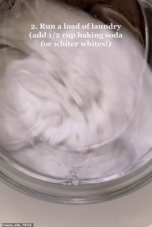 Chantel recommends that you do a load of laundry and include a half cup of baking soda, as this will make your whites even whiter (pictured).