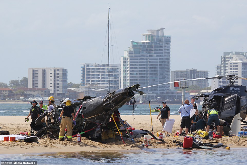 The two helicopters involved in the collision can be seen on the sandbank, crashing into the sand and the other landing upright.