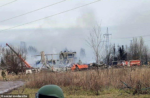 Pictured: The aftermath of the HIMARS missile strike is seen in Russian-occupied Makiivka on December 31. Russia has admitted 63 soldiers were killed in the strike, although Ukraine's military has said this number if far higher