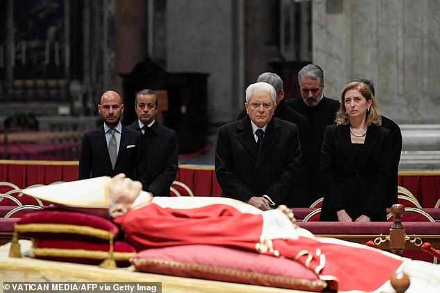 Italian President Sergio Mattarella and his daughter Laura Mattarella also paid their respects to the former Pope.