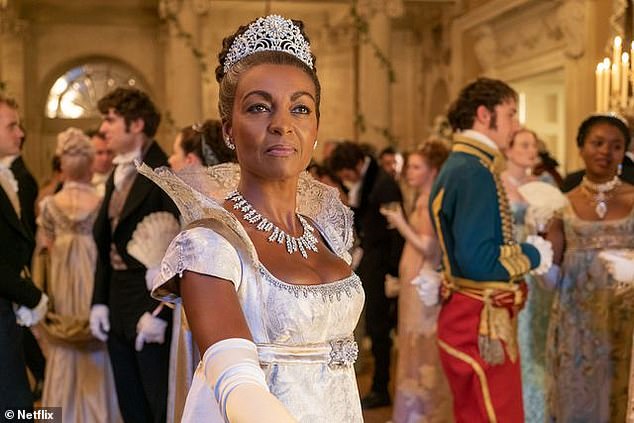 Regal: Reprising their roles will be Golda Rosheuvel (Queen Charlotte), Ruth Gemmell (Lady Violet Bridgerton) and Adjoa Andoh (pictured) as Lady Danbury later in life.