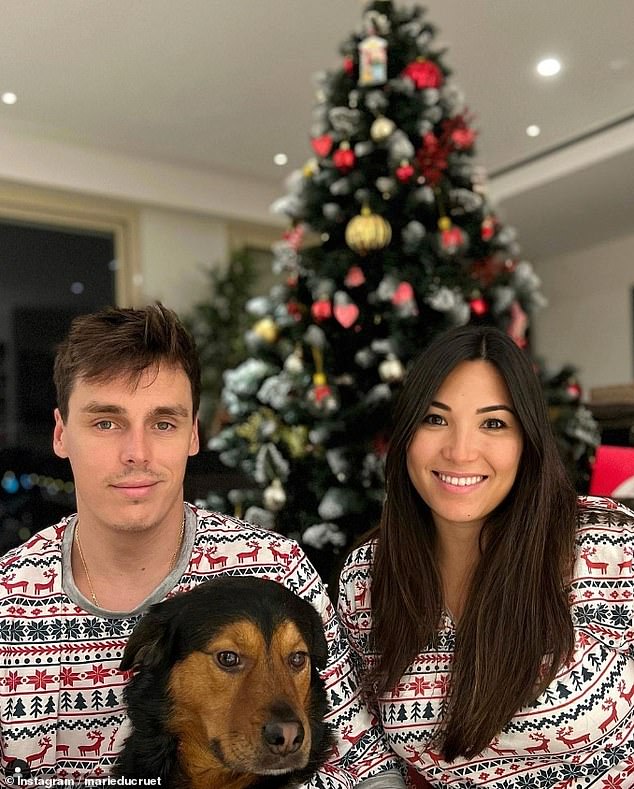 Marie and Louis, who is Grace Kelly's grandson, revealed they are expecting with a sweet social media post back in November.  Both pictured in their festive outfits last month.