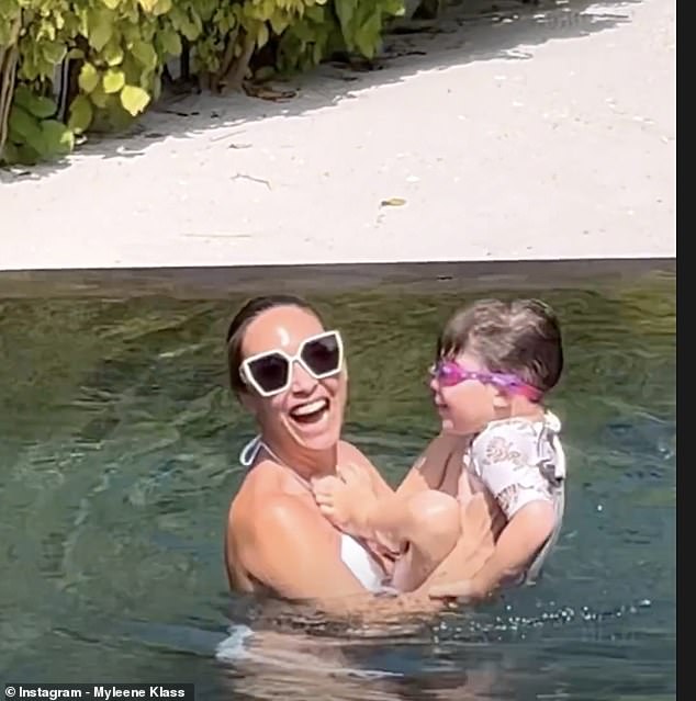 'Baby's BP!': She took to her Instagram Stories on Friday with a video showing her youngest son, Apollo, swimming unassisted in a private little poo.