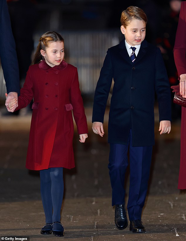 The royal couple were photographed with George, nine, and Charlotte (pictured December 15 at the Together at Christmas carol service), seven, as well as their Norland nanny, Maria Teresa Turrion Borrallo.  It's unclear if four-year-old Prince Louis also joined them for the outing.