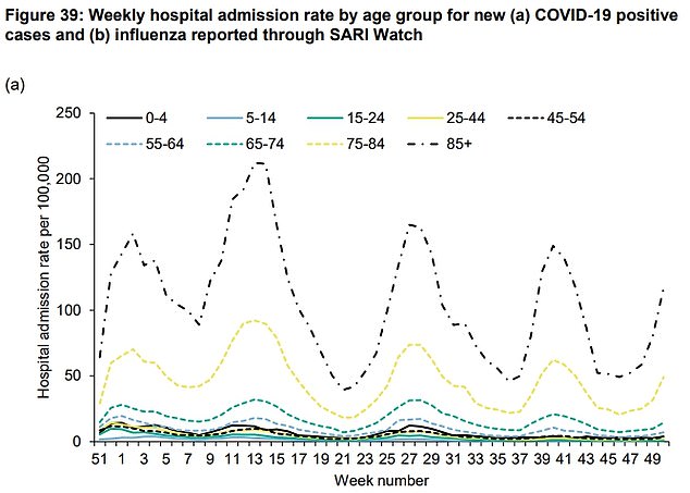 On top of the surge in flu, Covid levels are also on the rise among youngsters. It has seen four hospitalisations per 100,000 children under four (solid black line) and 0.5 admissions per 100,000 among five to 14-year-olds (light blue line)