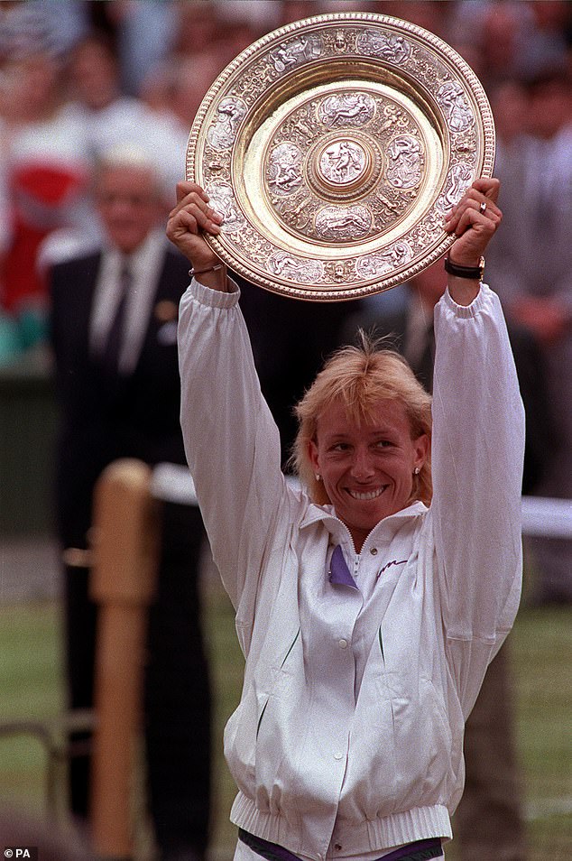Navratilova, 66, who won a record nine Wimbledon titles, said she was diagnosed with throat and breast cancer after discovering a swollen lymph node in her neck in November.  Pictured: Navratilova lifting the trophy from her after winning the women's final in 1990 for a record ninth time.