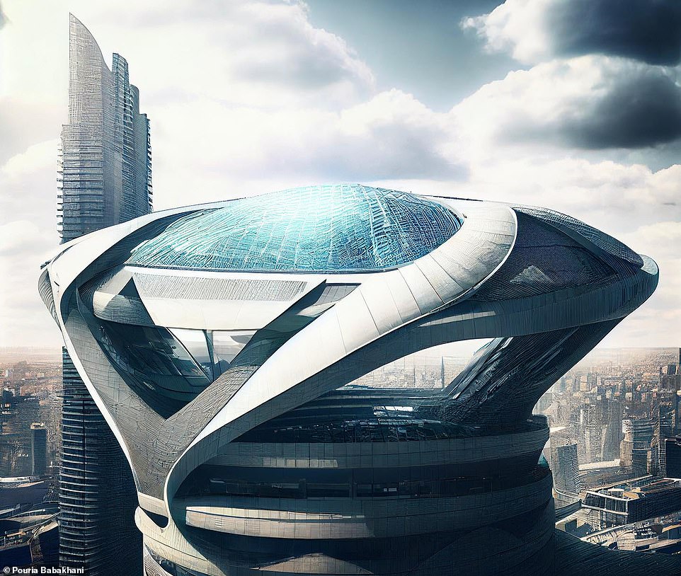 One of the stadiums appears to sit on the top of a skyscraper, with a glass roof topping a UFO-shaped metallic base