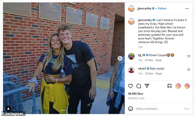 JJ McCarthy described her as his 'high school sweetheart' on Instagram as he marked their fourth anniversary on Oct. 8.