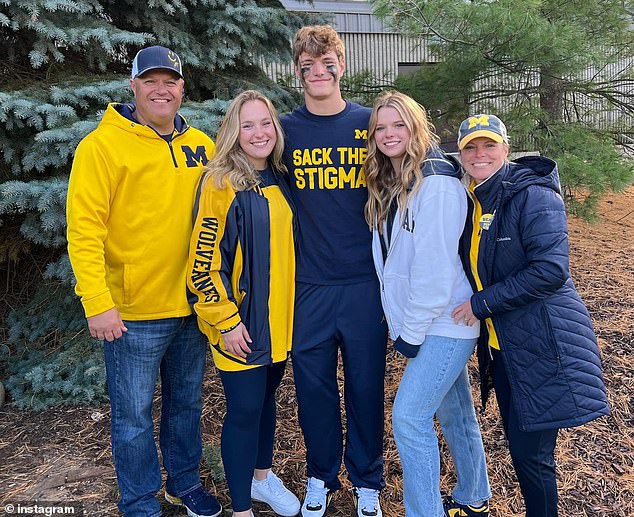 Jim McCarthy (left) is a highly visible member of the Wolverines fanbase, with several supporters posting photos of themselves with the soccer dad on social media before the game.  He is a former college football and baseball player who is now a print logistics company, according to his LinkedIn profile.  Jim's wife, Megan (right), was once a competitive figure skater, and JJ was an avid hockey fan in his youth, according to the Chicago Tribune.