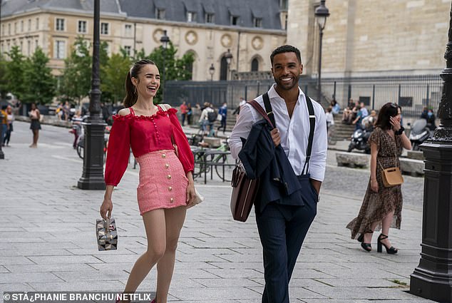 Plot: Laviscount joined Emily In Paris for her second series when her character as a British banker swept leading lady Emily.  Pictured: Lily Collins as Emily and Lucien Laviscount as Alfie in Emily in Paris