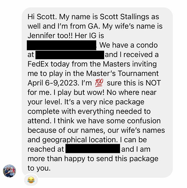 As it turns out, the Masters invite was delivered to fan Scott Stallings' condo, but he quickly realized it wasn't intended for him.