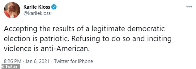 Kloss, who is married to Jared Kushner's brother Josh, tweeted: 'Accepting the results of a legitimate democratic election is patriotic.  Refusing to do so and inciting violence is un-American'