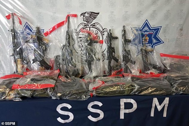 Police in Ciudad Juárez seized equipment and rifles from five Los Mexicles gang members arrested during a high-speed chase