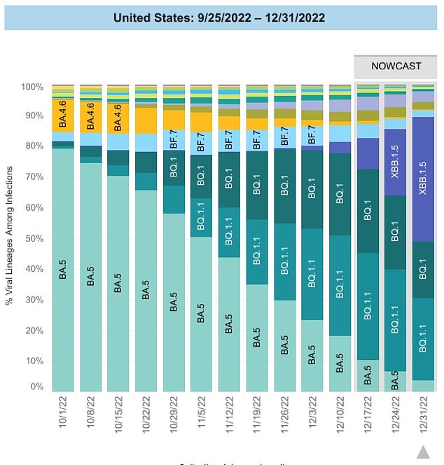 The graph shows the proportion of cases each week that are caused by each variant, according to surveillance data. It suggests that prevalence of XBB.1.5 jumped from 22 per cent to 41 per cent in just one week