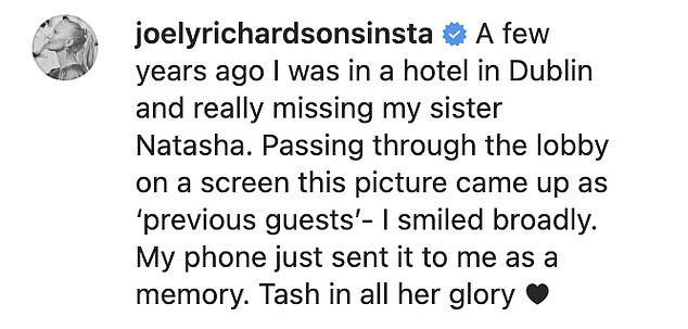 Tash in all her glory!  Over the festive period, Joely Richardson, 57, shared a stunning image of her late sister Natasha with widower Liam Neeson, 70, after her phone offered up the memory of her.