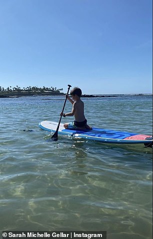 Having a good time: One snapshot showed the young man on a stand-up paddleboard in the ocean with his head turned away from the camera lens.