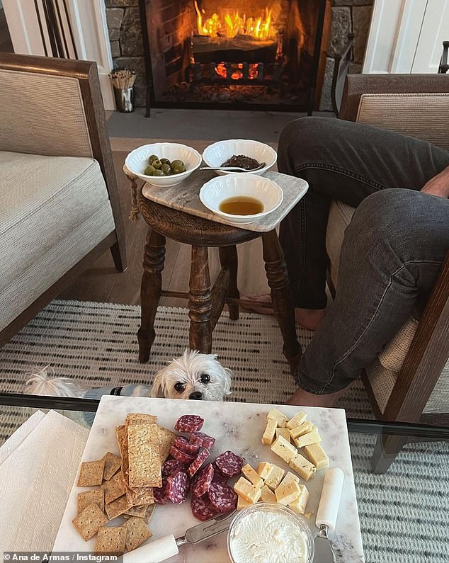 Looking at the snacks: Other snaps shared a homemade cake and charcuterie board that she enjoyed with another person, whose face was not shown, in front of the fireplace.