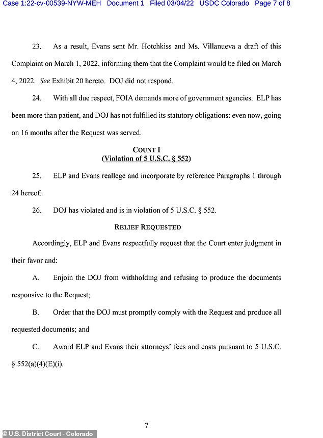 Evans said in his lawsuit that he filed his FOIA request in November 2020 after reading about the Bidens' foreign business dealings, and the Justice Department lobbied him for nearly two years before he finally sued them.