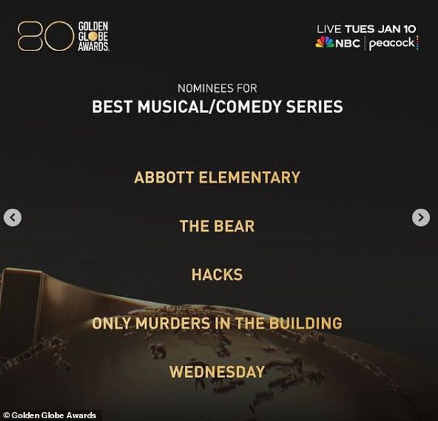 Who will win?  Wednesday and the 20-year-old from Cali earned nominations for Best Television Series (Musical/Comedy) and Best Actress (Musical/Comedy) at the 80th Golden Globe Awards, which will air on January 10 on NBC/ Peacock.