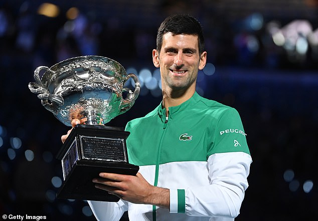 Djokovic is shown celebrating his victory at the Australian Open in 2021